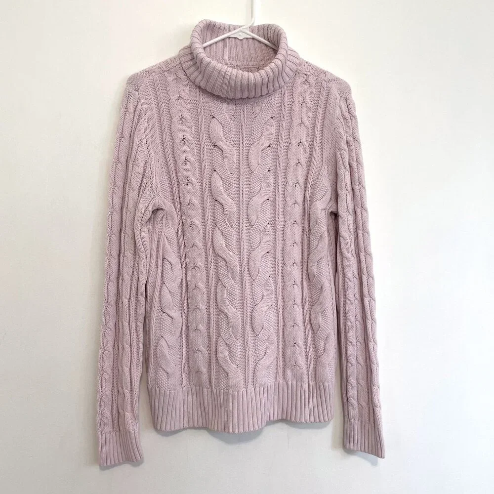 CROFT & BARROW Cable Knit Turtleneck Sweater Light Pink Baby Pink Cotton Blend L - Picture 2 of 16